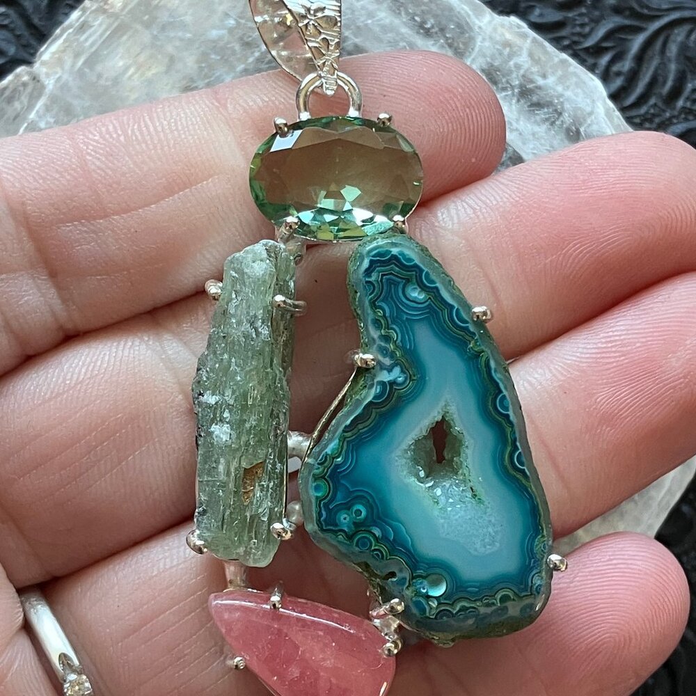 Peridot Agate Rhodochrosite And Green Kyanite Crystal Pendant
